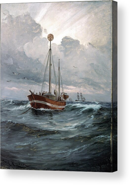 Carl Locher Acrylic Print featuring the painting The lightship at Skagen Reef by Carl Locher