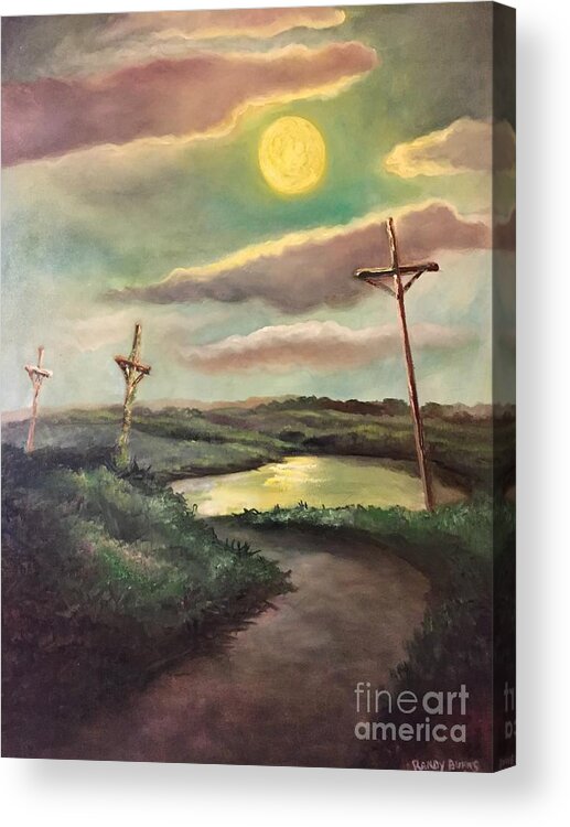 Cross Acrylic Print featuring the painting The Moon with Three Crosses by Rand Burns