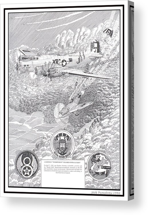Art Of Famous Bombers Acrylic Print featuring the drawing They all lived crash of Boeing B 17 and ME 109 by Jack Pumphrey