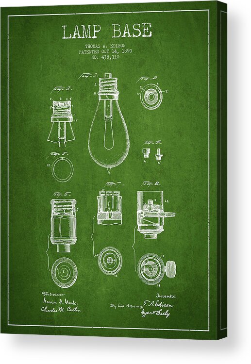 Thomas Edison Acrylic Print featuring the digital art Thomas Edison Lamp Base Patent from 1890 - Green by Aged Pixel