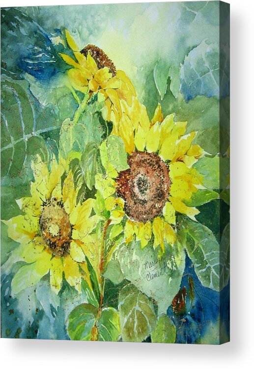 Florals Acrylic Print featuring the painting Three Sunnies by Marilyn Clement