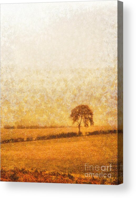 Tree Acrylic Print featuring the painting Tree on hill at dusk by Pixel Chimp