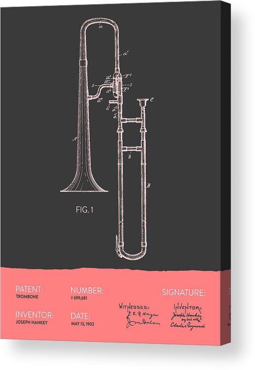 Trombone Acrylic Print featuring the digital art Trombone Patent from 1902 - Modern Gray Salmon by Aged Pixel