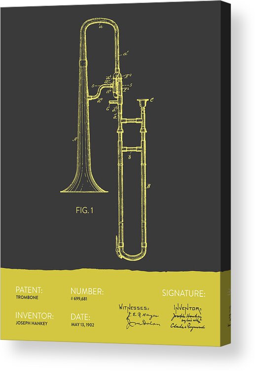 Trombone Acrylic Print featuring the digital art Trombone Patent from 1902 - Modern Gray Yellow by Aged Pixel