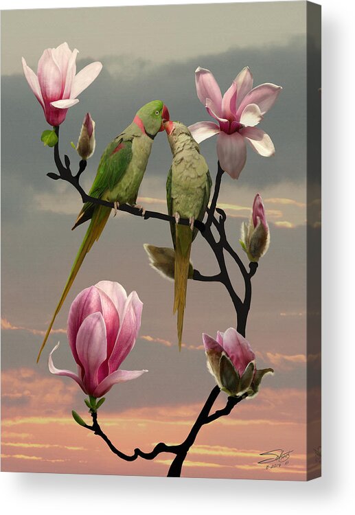 Alexandrine Parakeet Acrylic Print featuring the painting Two Parrots in Magnolia Tree by M Spadecaller