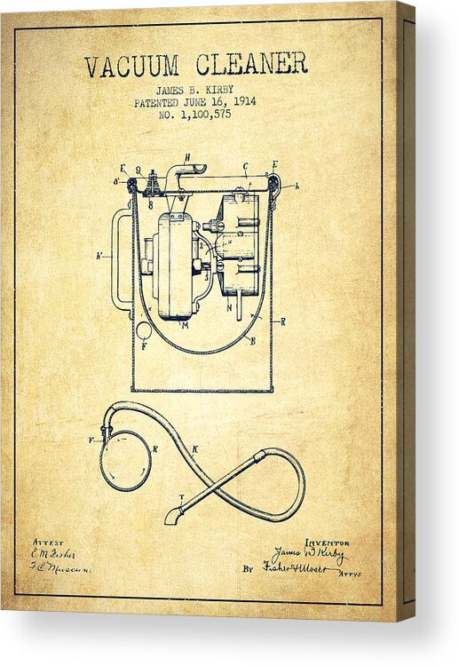 Vacuum Acrylic Print featuring the digital art Vacuum Cleaner patent from 1914 - Vintage by Aged Pixel