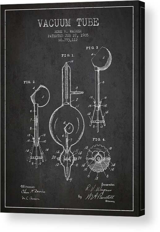 Electron Tube Acrylic Print featuring the digital art Vacuum Tube Patent From 1905 - Charcoal by Aged Pixel
