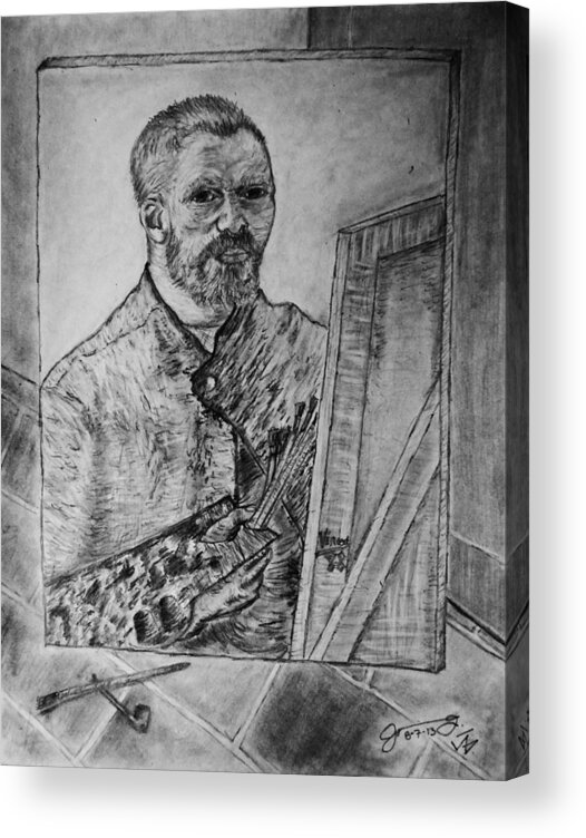 Van Goghs Self Portrait Painting Placed In His Room In Arles France Acrylic Print featuring the drawing Van Goghs self portrait painting placed in his room in Arles France by Jose A Gonzalez Jr