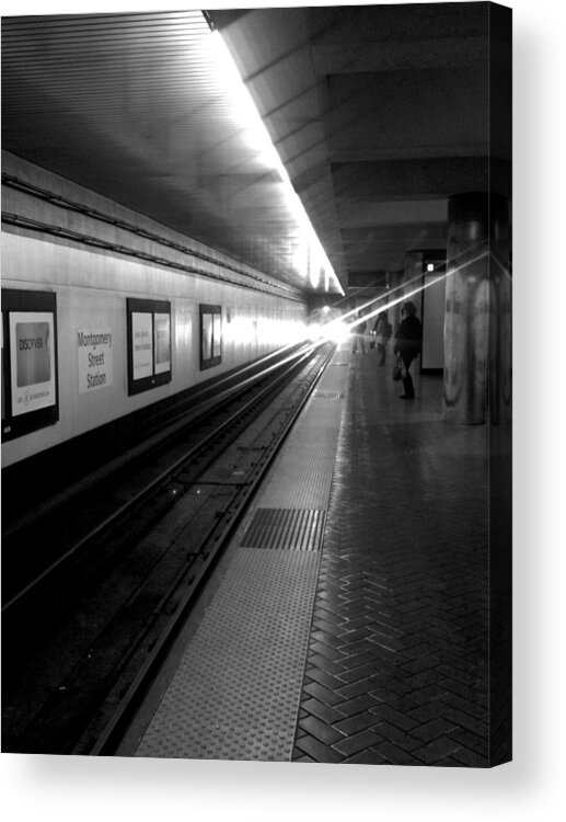 Bart Acrylic Print featuring the photograph Waiting for BART -Black and White by Barbara J Blaisdell