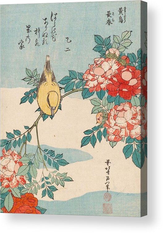 1834 Acrylic Print featuring the painting Warbler and Roses by Katsushika Hokusai