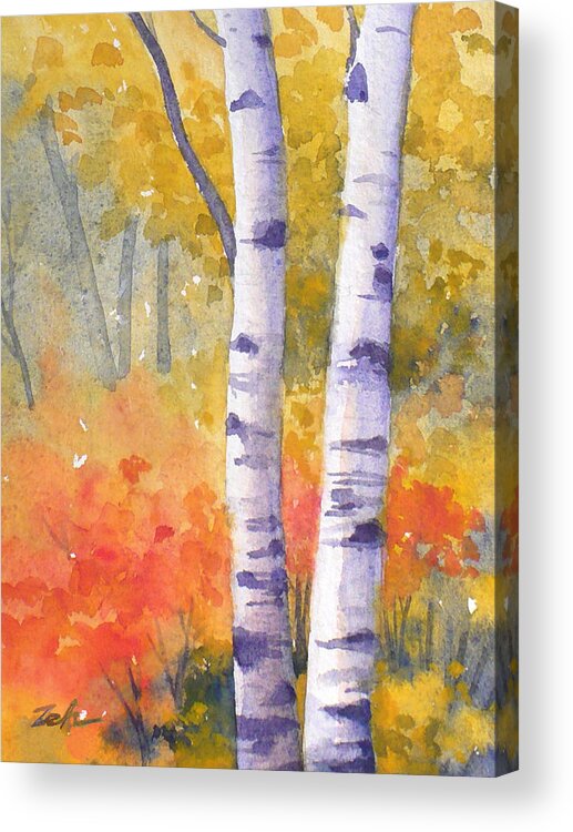 Birch Acrylic Print featuring the painting White Birches in Autumn by Janet Zeh