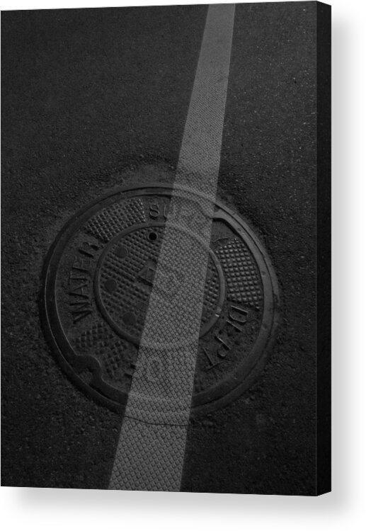 Guy Ricketts Acrylic Print featuring the photograph White Stripe on Manhole Cover by Guy Ricketts