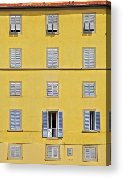 Balcony Acrylic Print featuring the photograph Windows of Florence Against a Faded Yellow Plaster Wall by David Letts