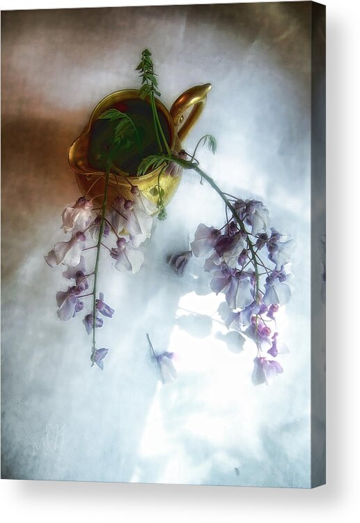 Wisteria Acrylic Print featuring the photograph Wisteria in a Gold Pitcher Still Life by Louise Kumpf
