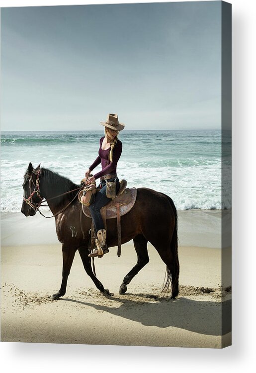 Caucasian Ethnicity Acrylic Print featuring the photograph Woman In Cowboy Hat Riding Horse by Robert Benson