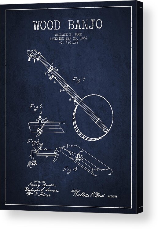 Banjo Acrylic Print featuring the digital art Wood Banjo Patent Drawing From 1887 - Navy Blue by Aged Pixel