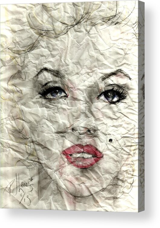 Marilyn Monroe Acrylic Print featuring the drawing wrinckled Marilyn by PJ Lewis