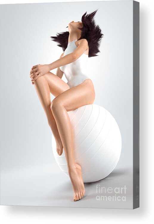 Fitness Acrylic Print featuring the photograph Young woman sitting on white exercise ball by Maxim Images Exquisite Prints