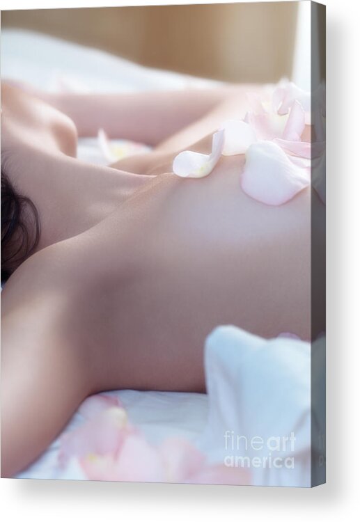 Body Acrylic Print featuring the photograph Young woman with pink rose petals on her body by Maxim Images Exquisite Prints