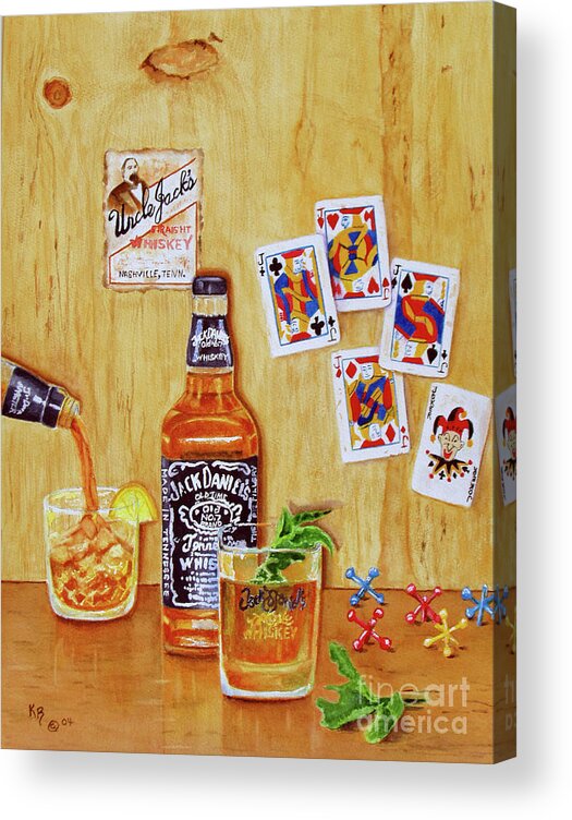 Liquor Acrylic Print featuring the painting Too Many Jacks #1 by Karen Fleschler