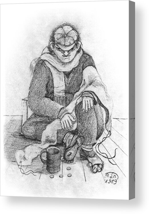  Beggar Acrylic Print featuring the painting Beggar 2 In The winter street sitting on floor wearing worn out cloths by Rachel Hershkovitz