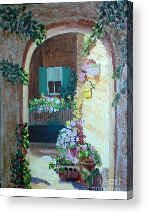 Texture Acrylic Print featuring the painting Flowers in Stone Doorway by Jeanene Miller