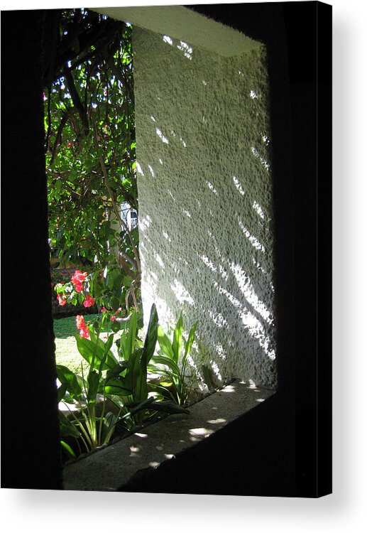 Light And Shadow On White Stucco Wall Acrylic Print featuring the photograph Garden Window by Sarah Hornsby