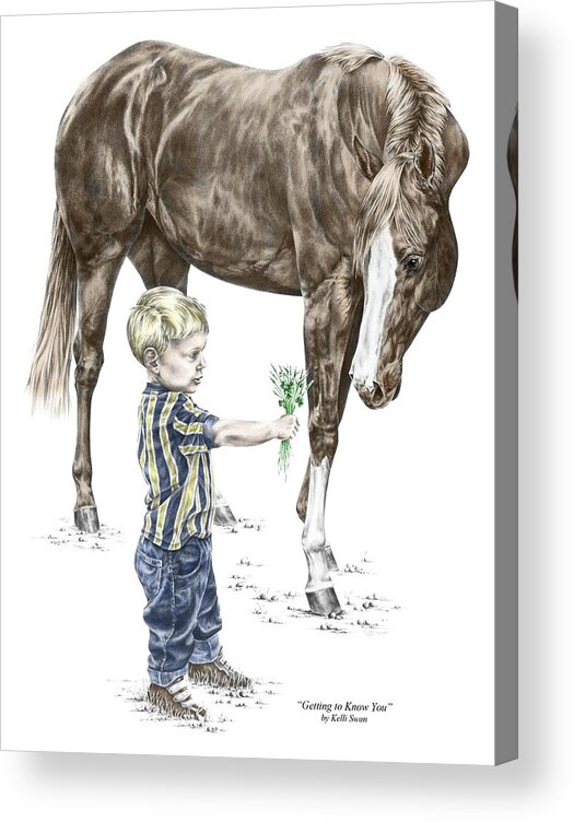 Boy Acrylic Print featuring the drawing Getting to Know You - Boy and Horse Print color tinted by Kelli Swan