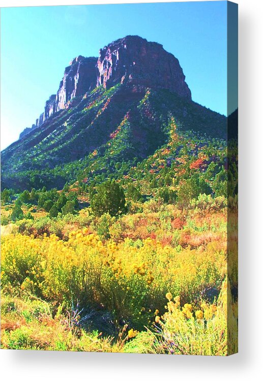 Majestic Sandstone Butte In Desert Landscape. Primary Colors Acrylic Print featuring the digital art Grandfather Time by Annie Gibbons