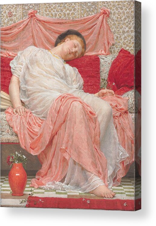 Jasmine (oil On Canvas) Female; Sleeping; Asleep; Resting; Pink; Drapery; Cushions; Vase; Flowers; Pre-raphaelite; Woman Acrylic Print featuring the painting Jasmine by AJ Moore