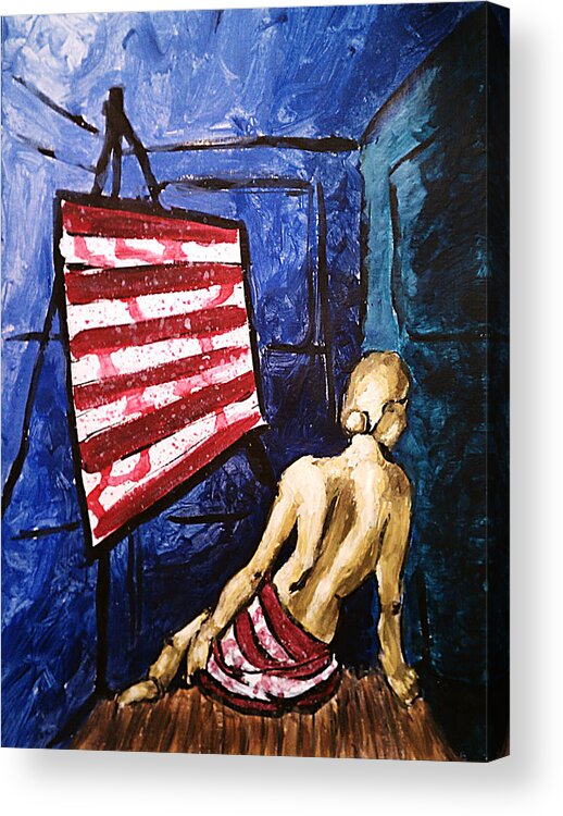 Lady Liberty Painting Acrylic Print featuring the painting Lady Liberty Female Flag Figure Painting in Red Green Blue and Yellow by M Zimmerman