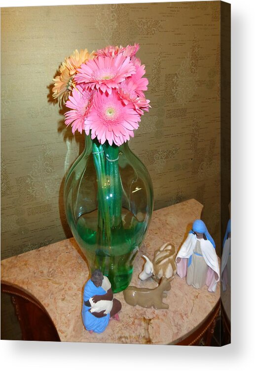 Bettye Harwell Flowers Acrylic Print featuring the photograph Nativity and Gerbera Daisies by Bettye Harwell