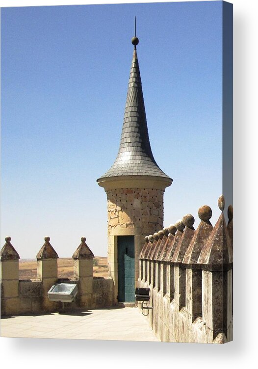 Segovia Acrylic Print featuring the photograph On the Roof of Segovia Castle with Cone Shaped Railing in Spain by John Shiron