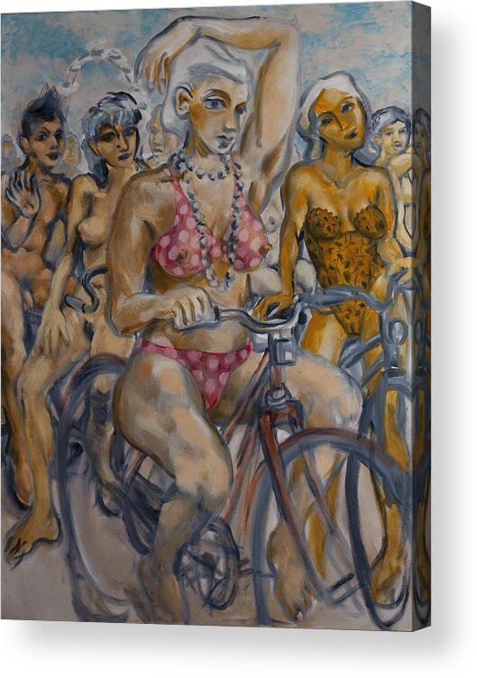 Nudes Acrylic Print featuring the painting Painted ladies on the naked bike ride take a break in view of the London Eye by Peregrine Roskilly