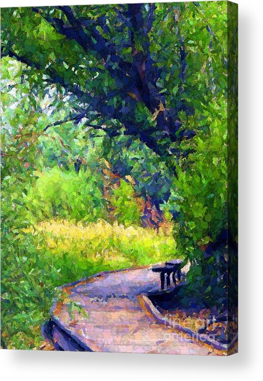 Moab Nature Walk Acrylic Print featuring the digital art Raised Walk and Bench by Annie Gibbons