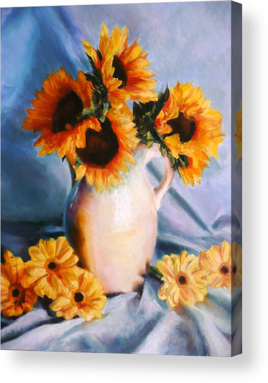 Sunflowers Acrylic Print featuring the painting Sunflowers and Daisies by Lesley Paul