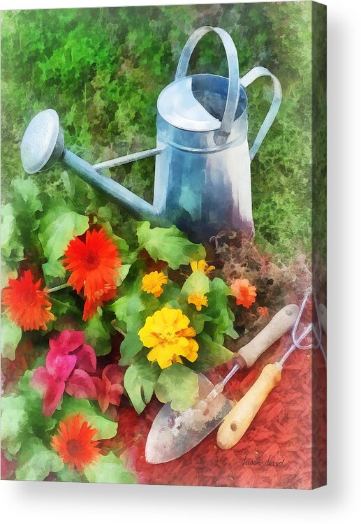 Zinnia Acrylic Print featuring the photograph Zinnias and Watering Can by Susan Savad