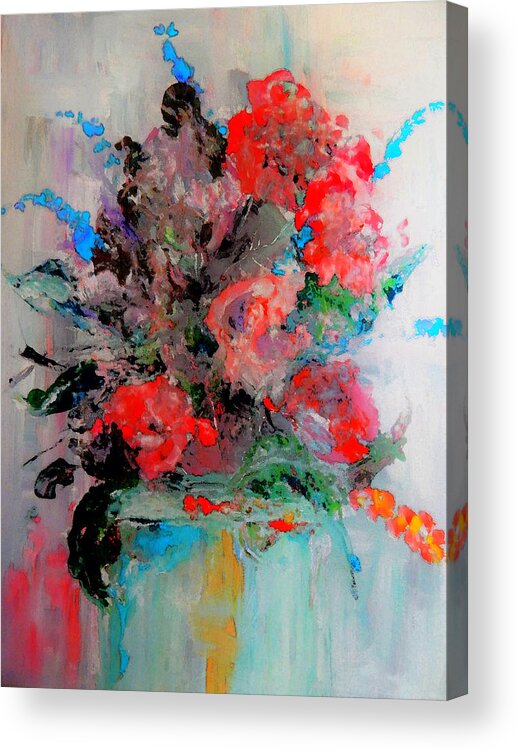 Flowers Acrylic Print featuring the painting Red Rose Arrangement by Lisa Kaiser