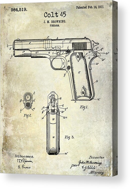 Pistol Acrylic Print featuring the photograph 1911 Colt 45 Firearm Patent by Jon Neidert