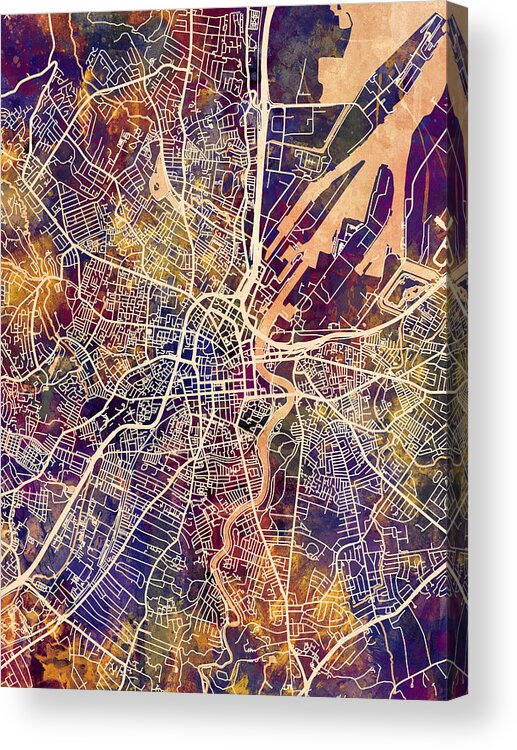 Belfast Acrylic Print featuring the digital art Belfast Northern Ireland City Map #1 by Michael Tompsett