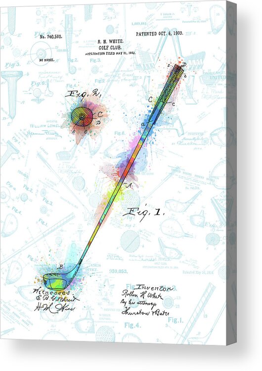 Golf Acrylic Print featuring the digital art Golf Club Patent Drawing Watercolor 3 #1 by Bekim M