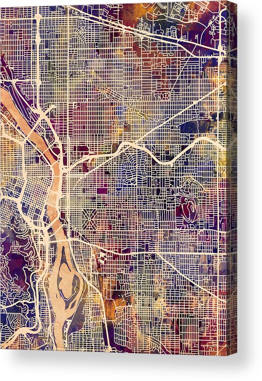 Portland Acrylic Print featuring the digital art Portland Oregon City Map #1 by Michael Tompsett