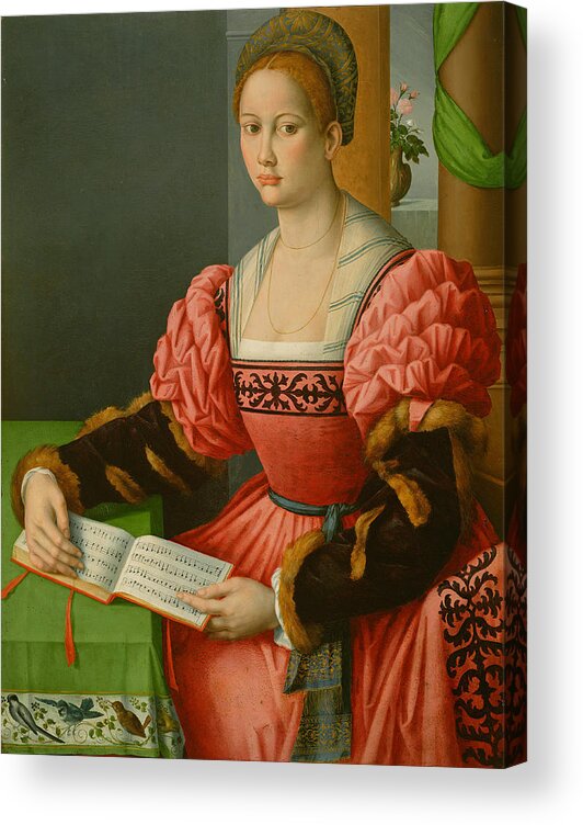 Bacchiacca Acrylic Print featuring the painting Portrait of a Woman with a Book of Music #3 by Bacchiacca