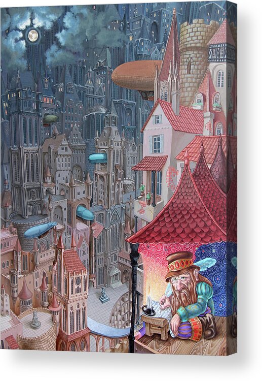Dieselpunk Acrylic Print featuring the painting Saga of the City of Zeppelins #1 by Victor Molev