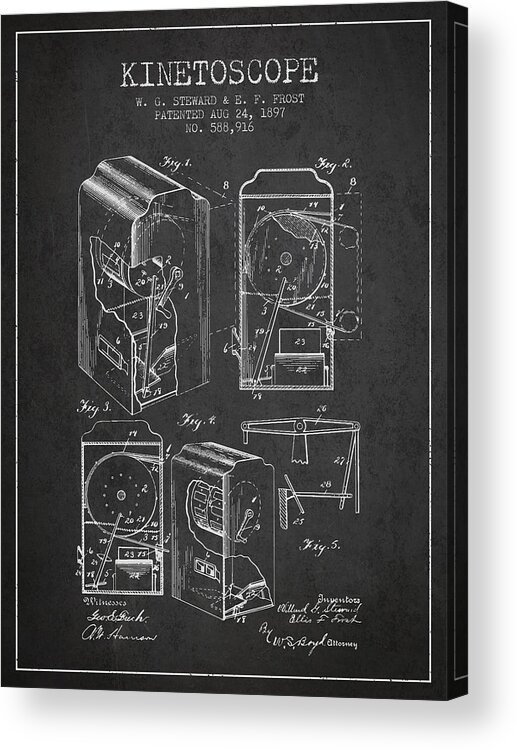 Camera Acrylic Print featuring the digital art 1897 Kinetoscope Patent - charcoal by Aged Pixel