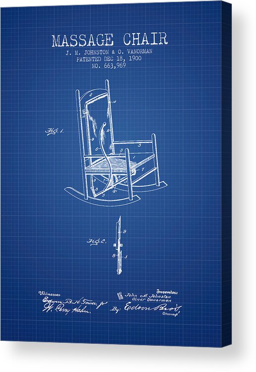 Massage Acrylic Print featuring the digital art 1900 Massage Chair patent - Blueprint by Aged Pixel