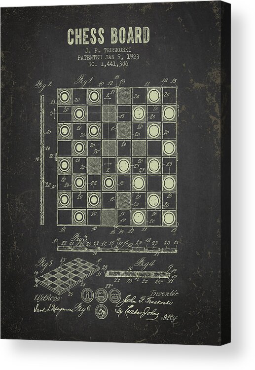 Patent Acrylic Print featuring the digital art 1923 Chess Board Patent - Dark Grunge by Aged Pixel