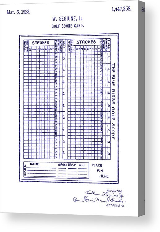 Golf Club Acrylic Print featuring the photograph 1923 Golf Score Card Patent Blueprint by Jon Neidert