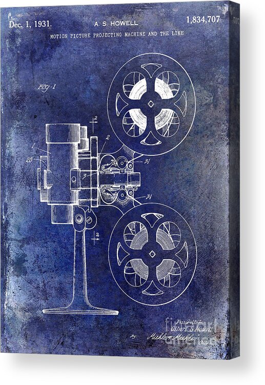 1931 Motion Picture Camera Patent Acrylic Print featuring the photograph 1931 Movie Projector Patent Blue by Jon Neidert