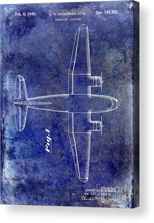 1955 Airplane Patent Acrylic Print featuring the photograph 1945 Transport Airplane Patent Blue by Jon Neidert